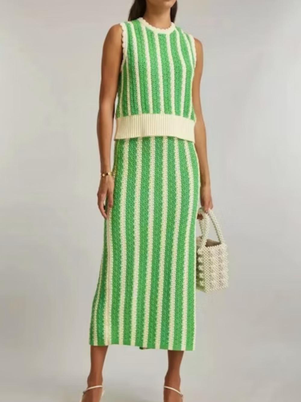 KITRI Green and Cream Striped Knit Sweater and Matching Skirt Set